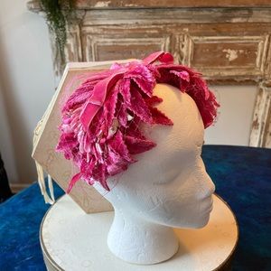 HOT PINK VINTAGE HEADPIECE w/ velvet ribbon, leaves and netting. Amazing piece!!